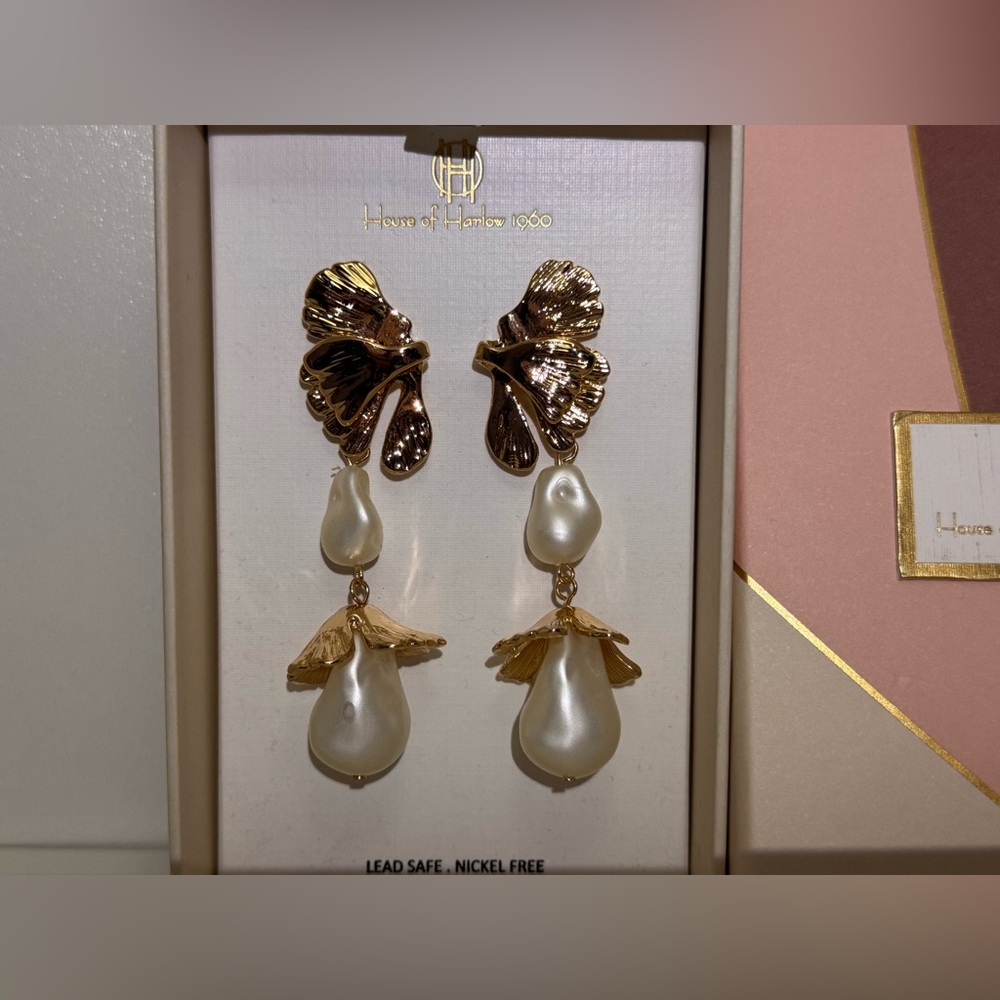 House Of Harlow 1960 Double Pearl Floral Drop Statement Earrings - Picture 2 of 6